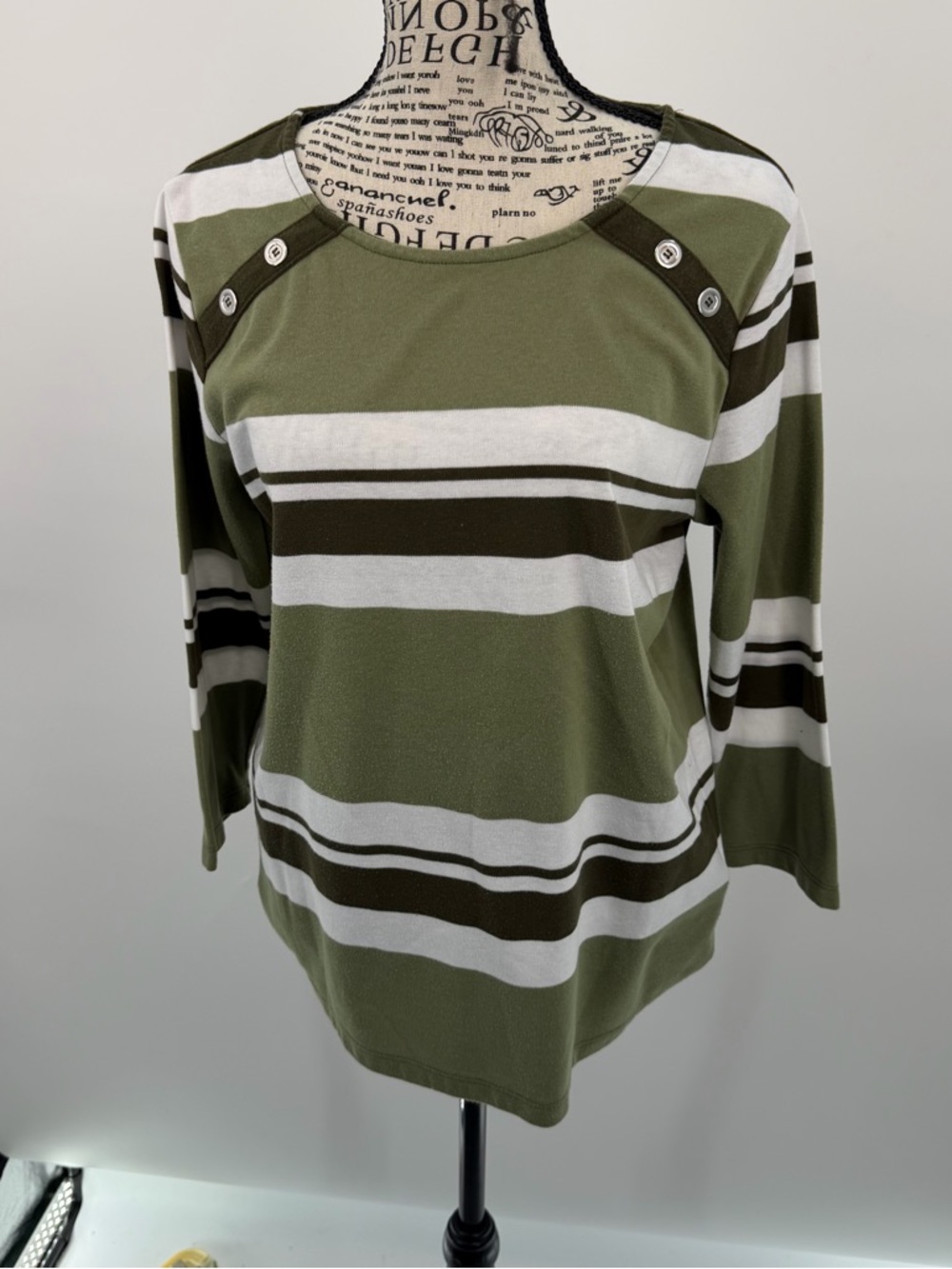 Hasting & Smith Petites Olive Stripe Top Shoulder Buttons PL